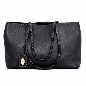 FENDI Selleria Black Whipstitched Pebbled Leather & Suede Large Tote